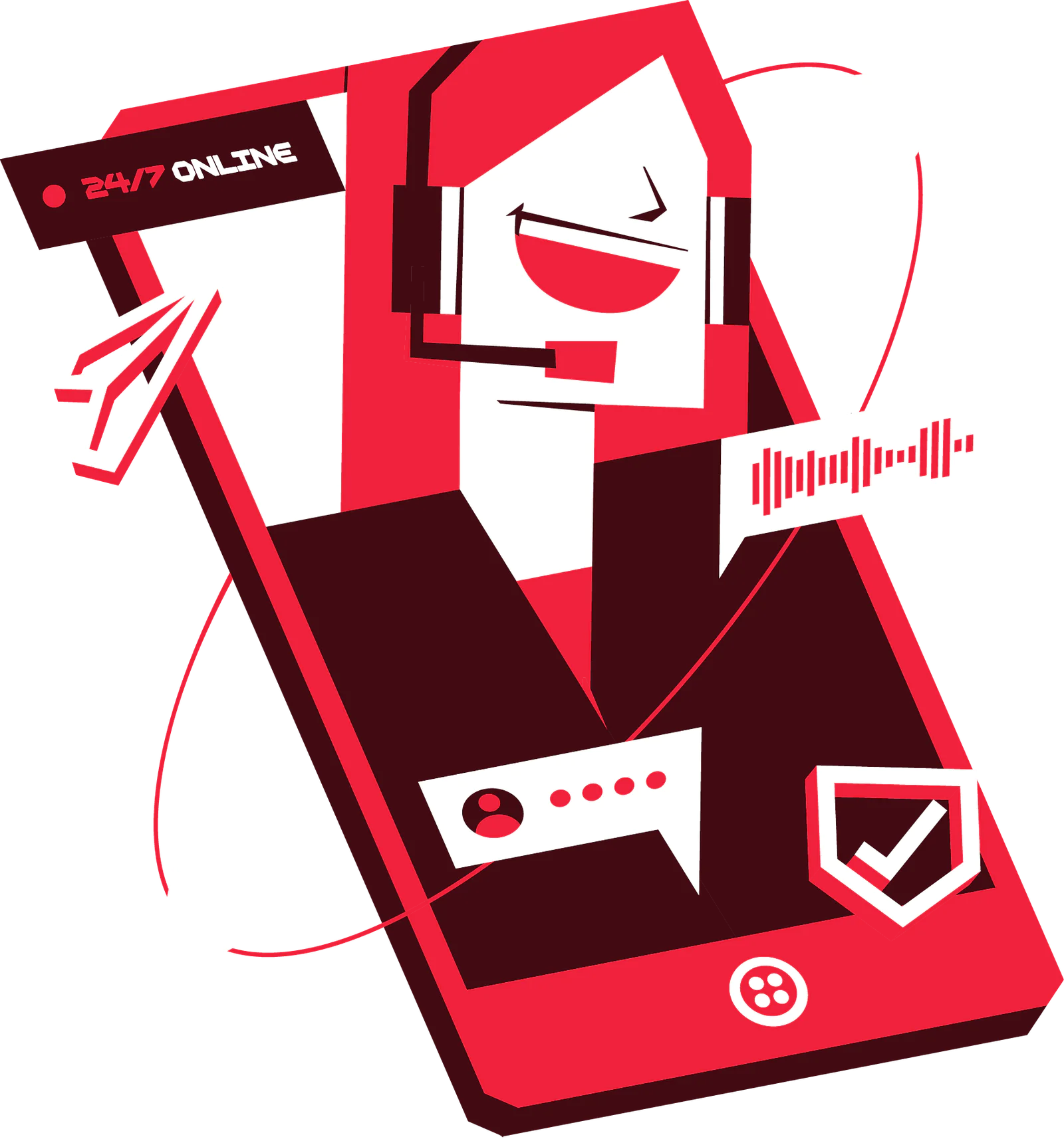 Stylized image of a person with a headset on a smartphone screen, with various digital icons surrounding them.