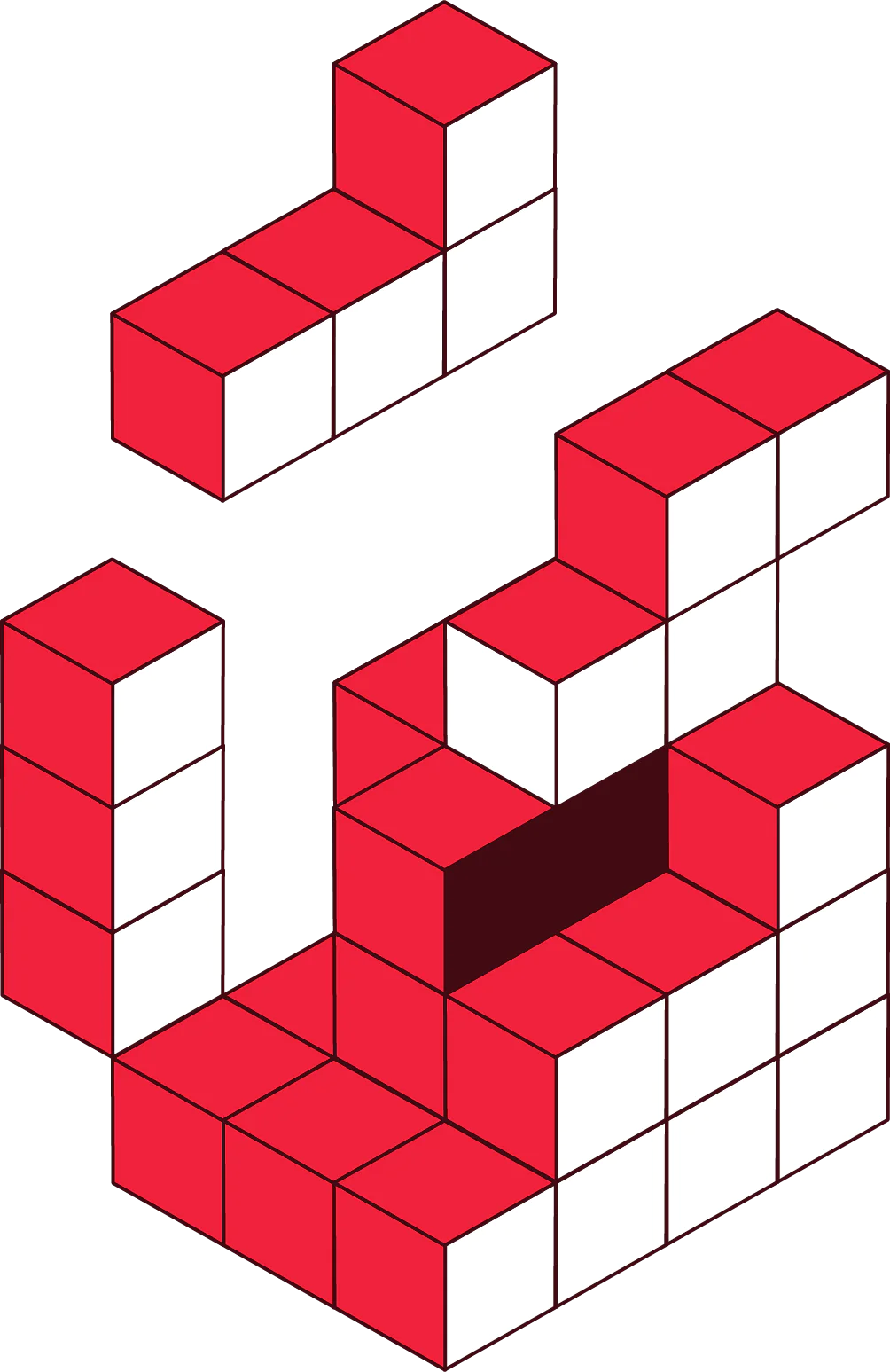 3D isometric structure made of red and white cubes, with a floating section and a hollow center.