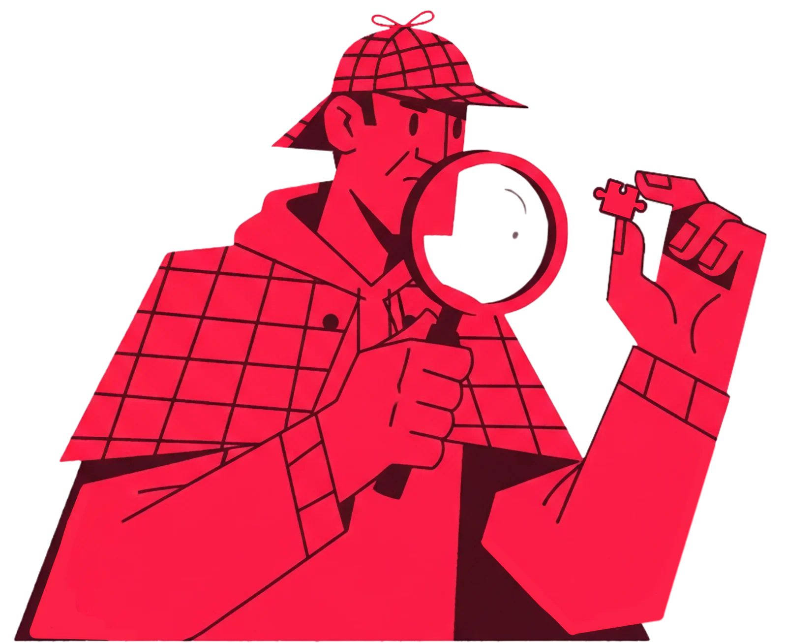 Cartoon detective holding a magnifying glass and examining a puzzle piece.