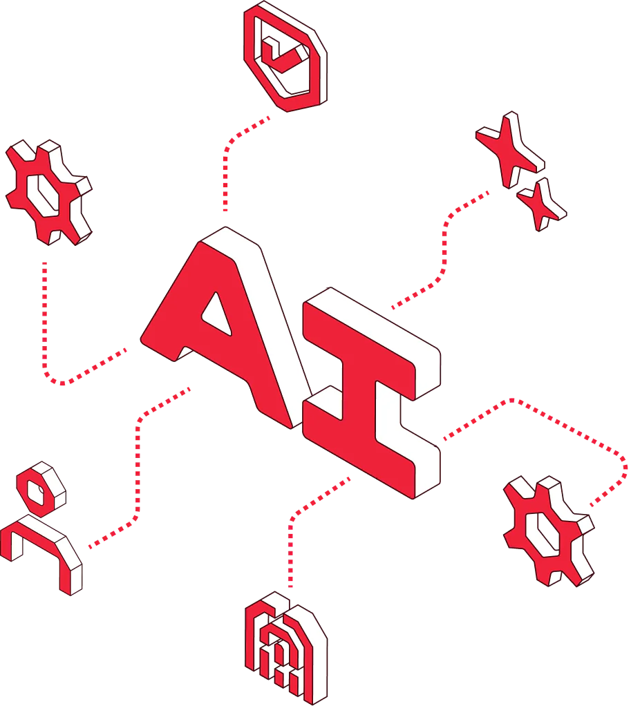 AI letters connected to various icons representing data, settings, users, and automation.