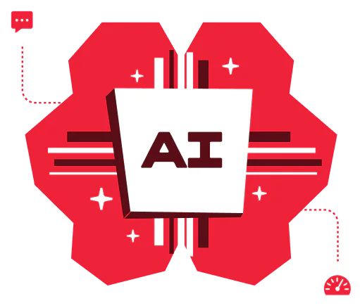 Red hexagonal design with AI text in the center and chat and activity icons on the sides.