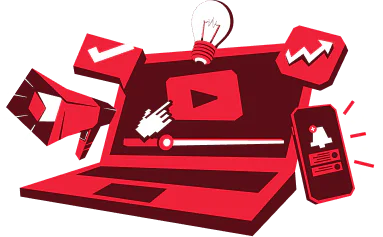 Illustration of laptop with video icons, light bulb, loudspeaker, and mobile phone notifications.