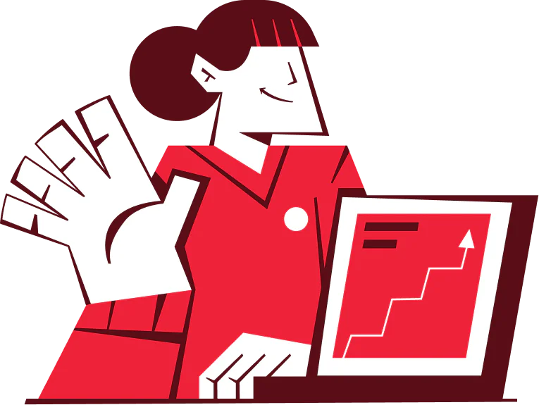Cartoon woman in red celebrates in front of a laptop with a chart showing an upward trend.