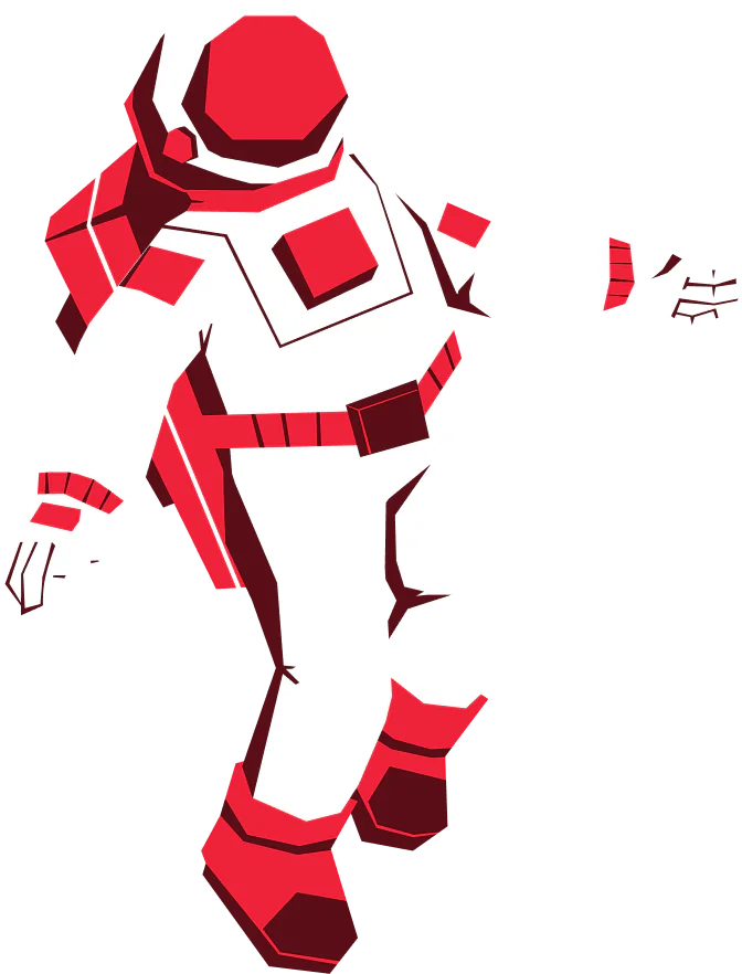 An astronaut in a red and white spacesuit floats in space with arms and legs slightly bent.