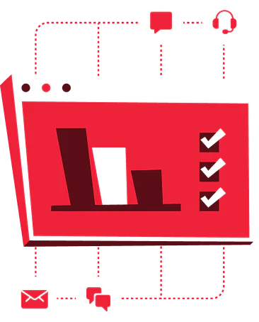 Illustration of a dashboard with a bar chart and checkboxes surrounded by communication icons.