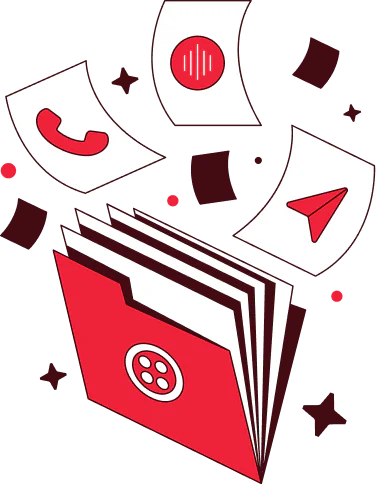Red and white folder with communication icons flying out, including a phone, message, and paper airplane.