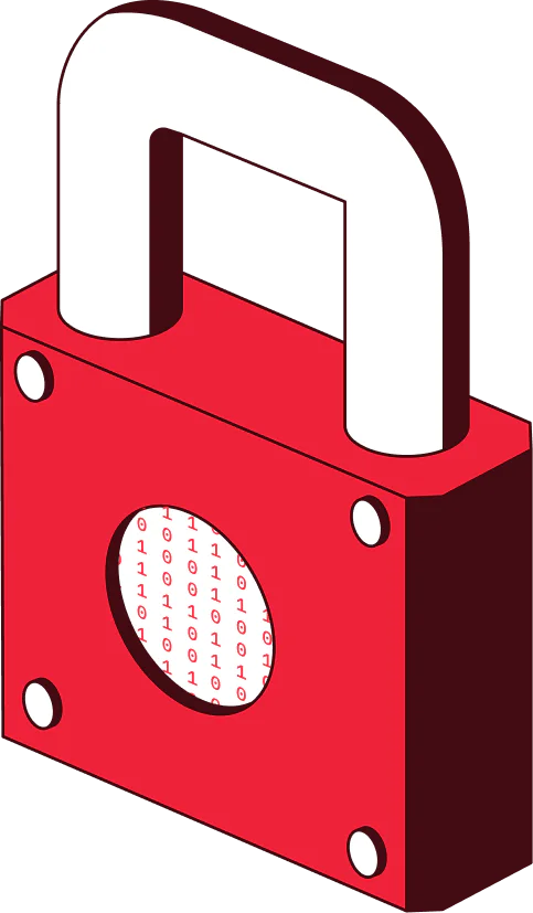 Red padlock with binary code on its surface, representing cybersecurity and data protection.