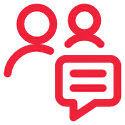 Two people icons with a speech bubble indicating communication, depicted in red.