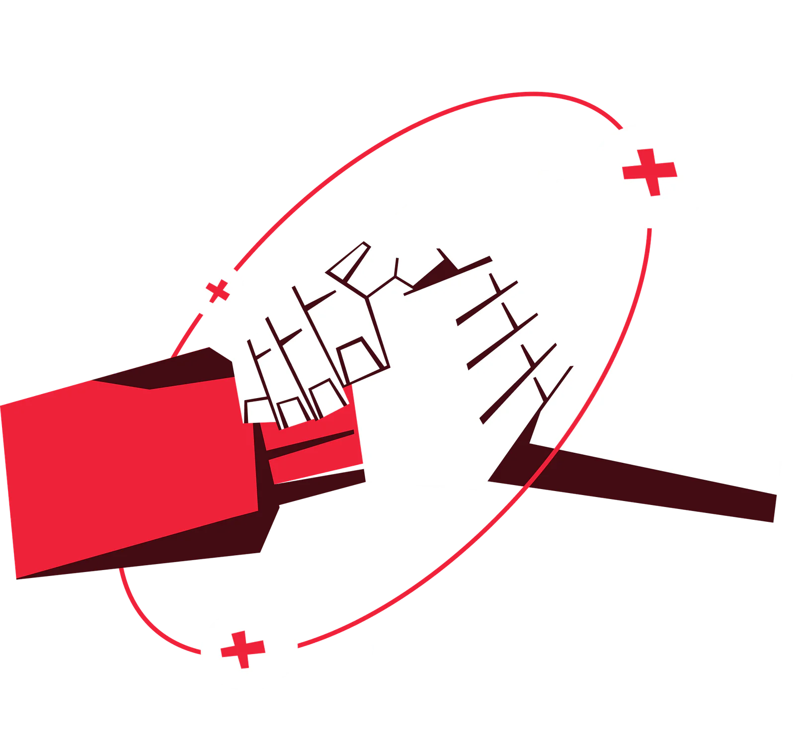Two hands shaking with red and white geometric elements and red crosses around them.