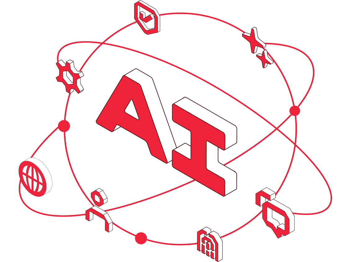 Red and white AI symbol encircled by orbiting tech icons on a black background.