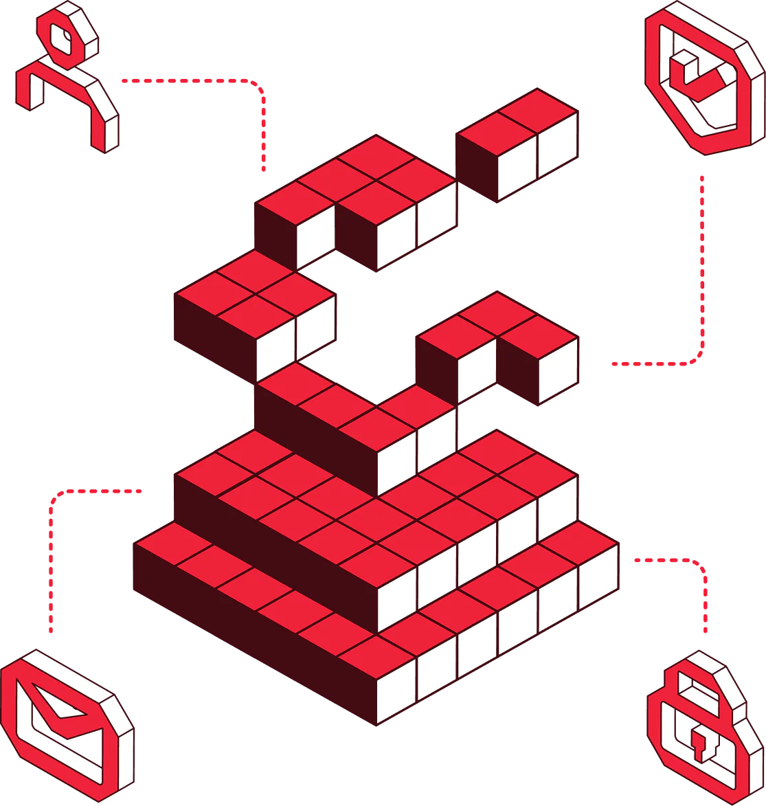 Isometric red and white blocks forming a structure, with icons connected by dotted lines.