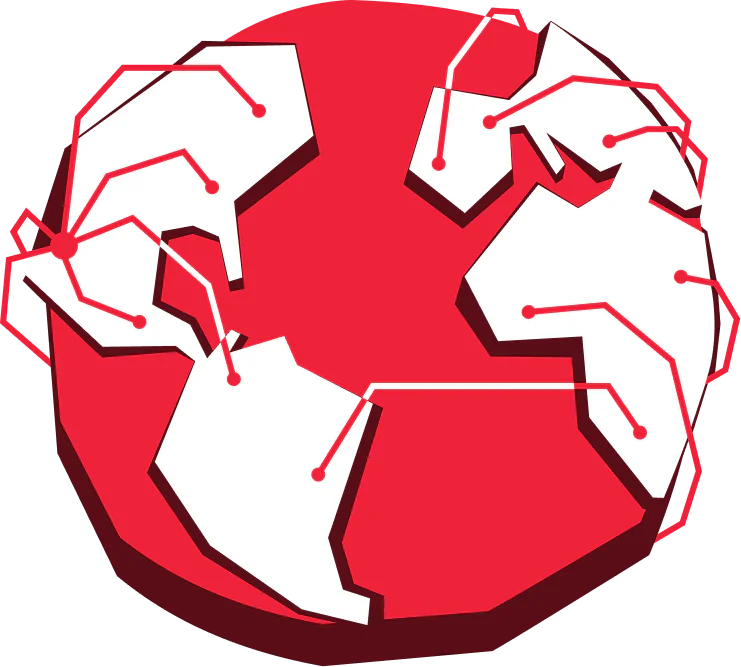 Illustration of a red and white globe with digital network connections