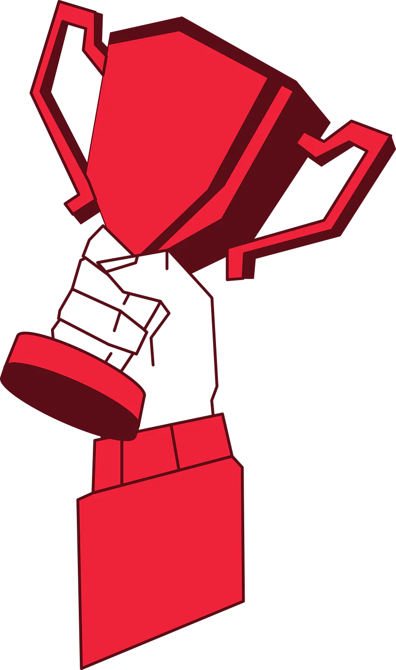 Illustration of a hand holding a red trophy