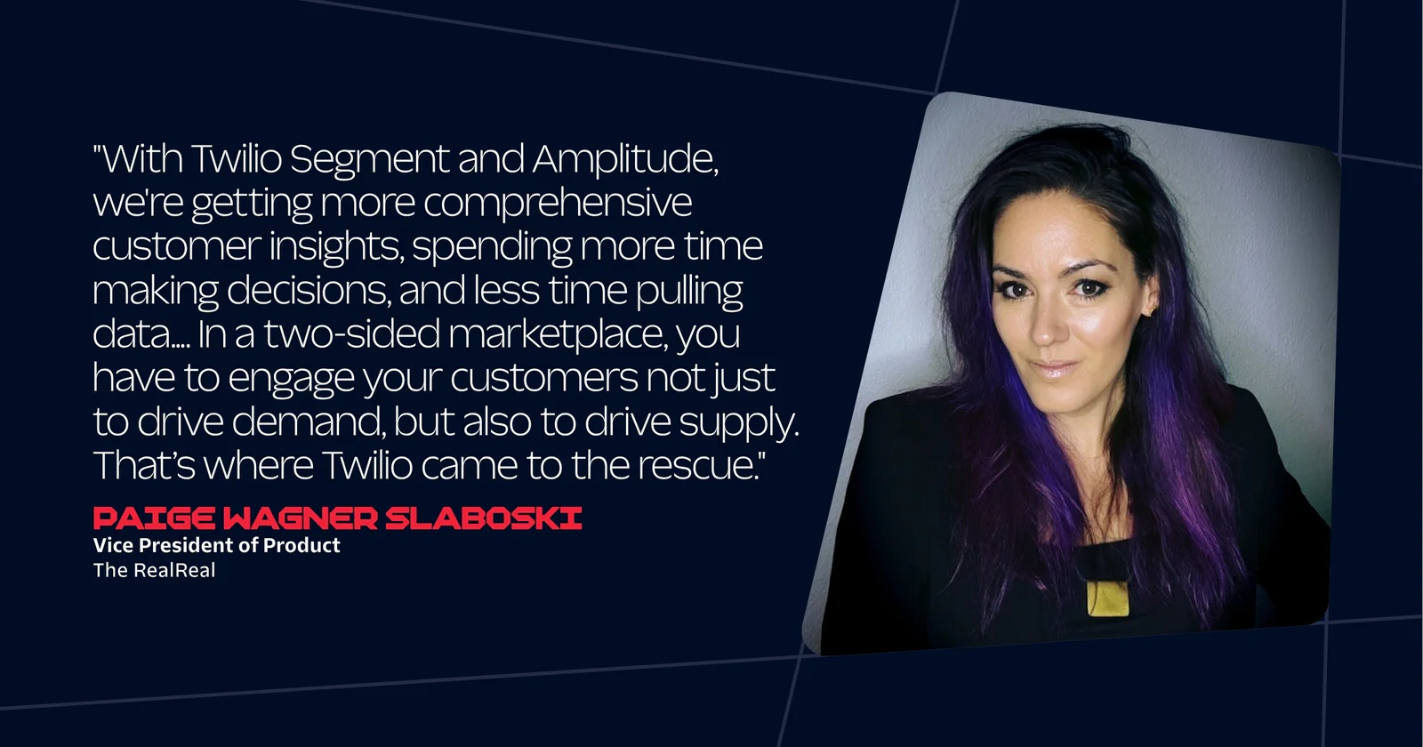 Woman with purple hair and black top next to text about Twilio's role in customer insights and driving supply.