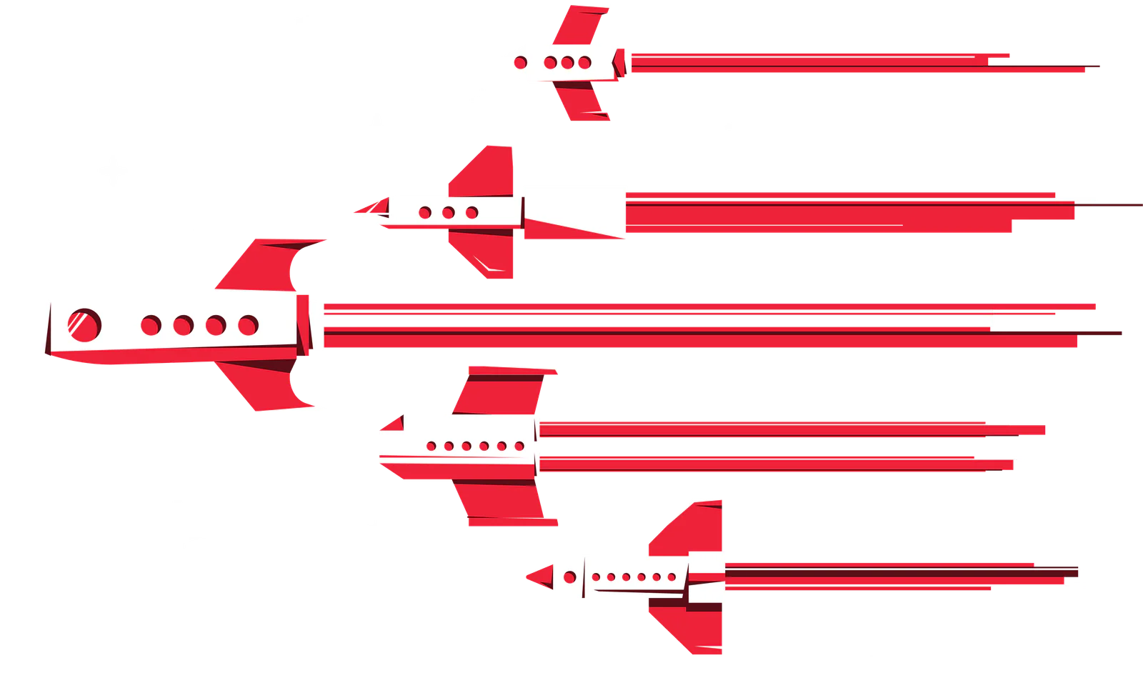 Five red and white spaceships flying in formation with stars in the background.