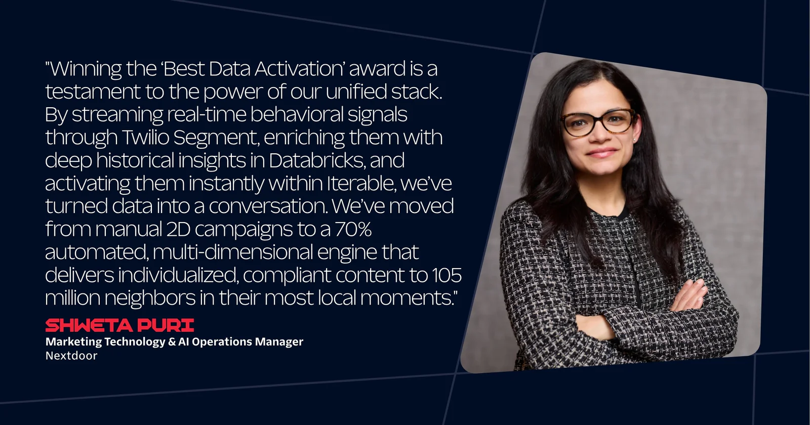 Woman in gray jacket with arms crossed next to a quote about receiving the Best Data Activation award