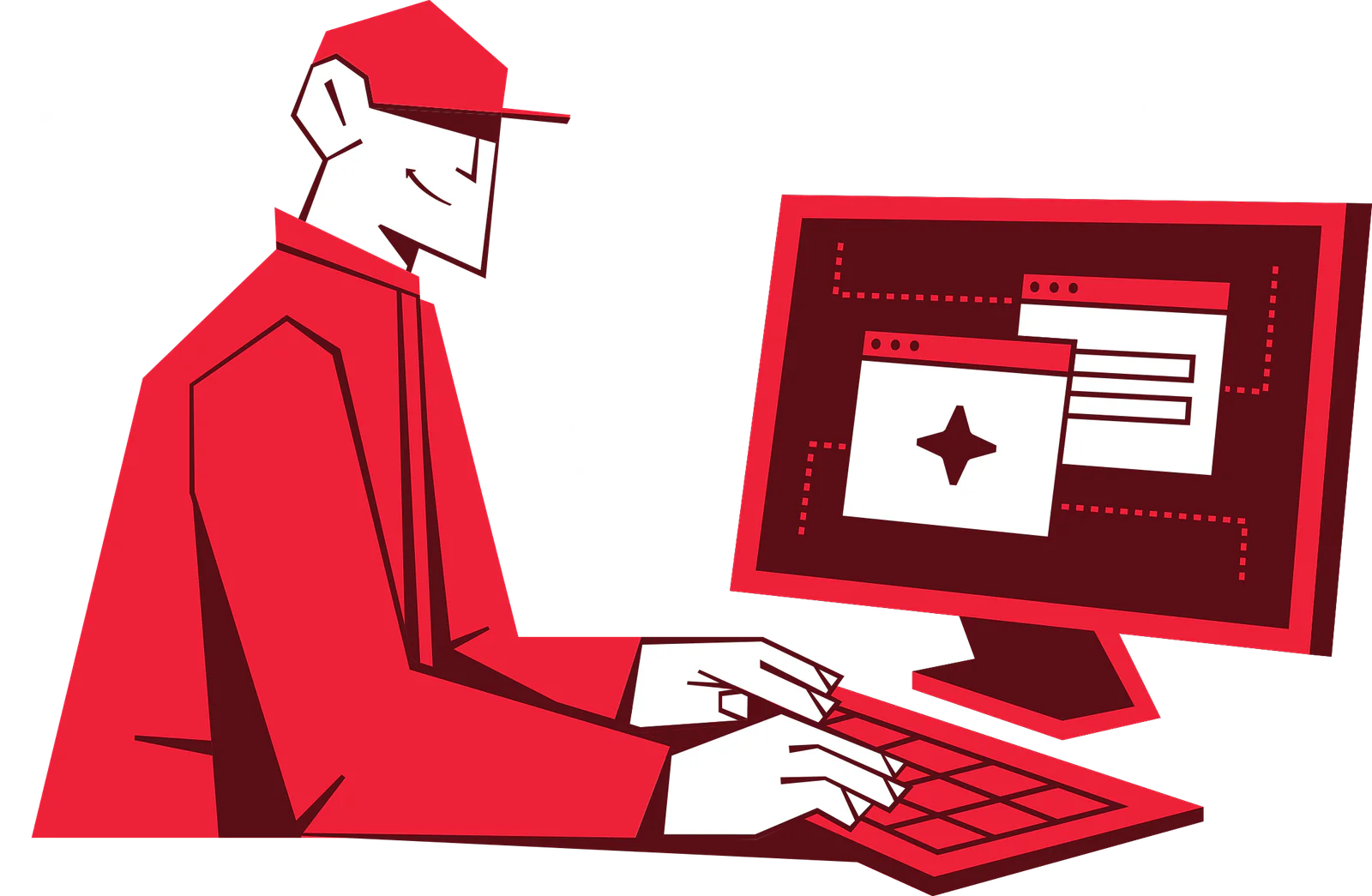 Cartoon figure typing on a keyboard, looking at a computer screen displaying web applications.