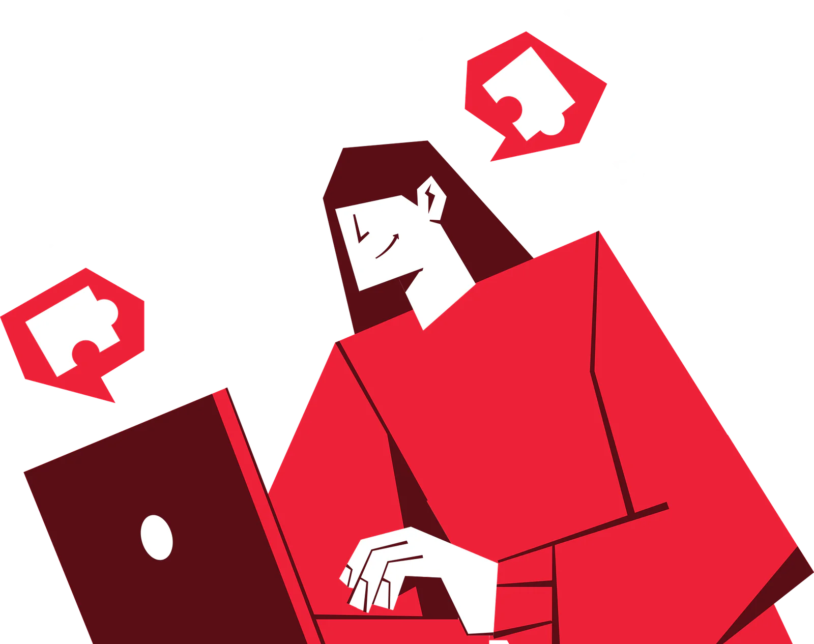Illustration of a person in red using a laptop with puzzle pieces and stars around