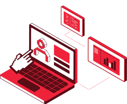 Illustration of hand interacting with laptop displaying charts and data graphs on screens.