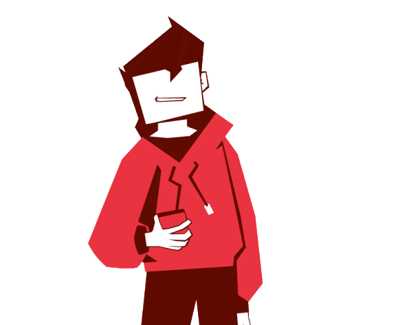 Stylized animated figure in red hoodie holding an object.