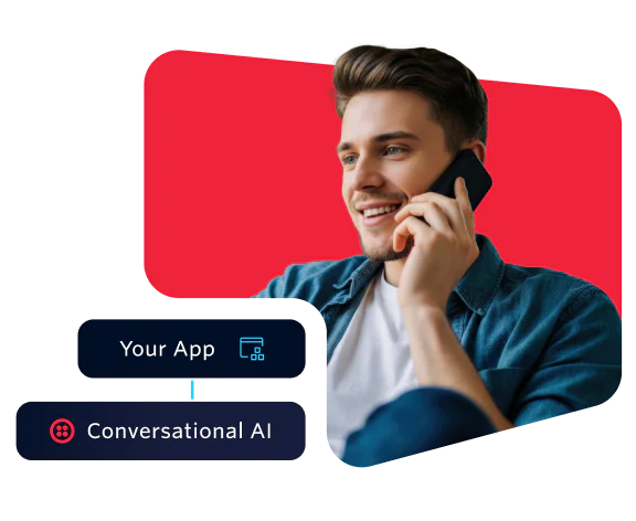 Man talking on phone, Conversational AI feature connecting with an app.