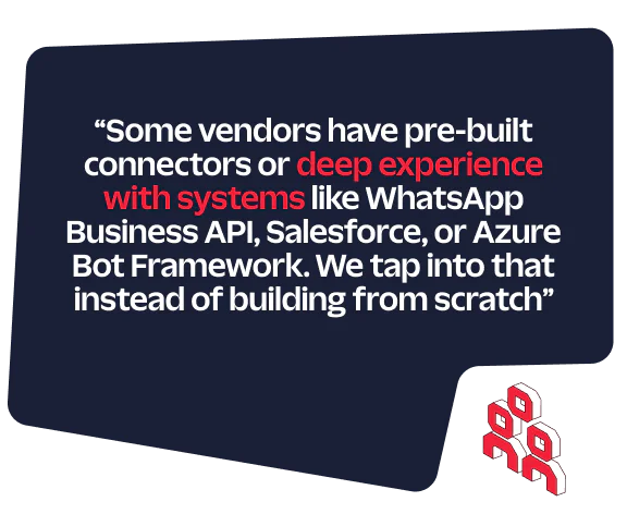 Quote about leveraging pre-built connectors and systems like WhatsApp API, Salesforce, and Azure Bot Framework.