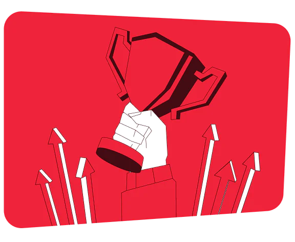 Illustrated hand holding a red trophy with upward pointing arrows in a bold red and white design.