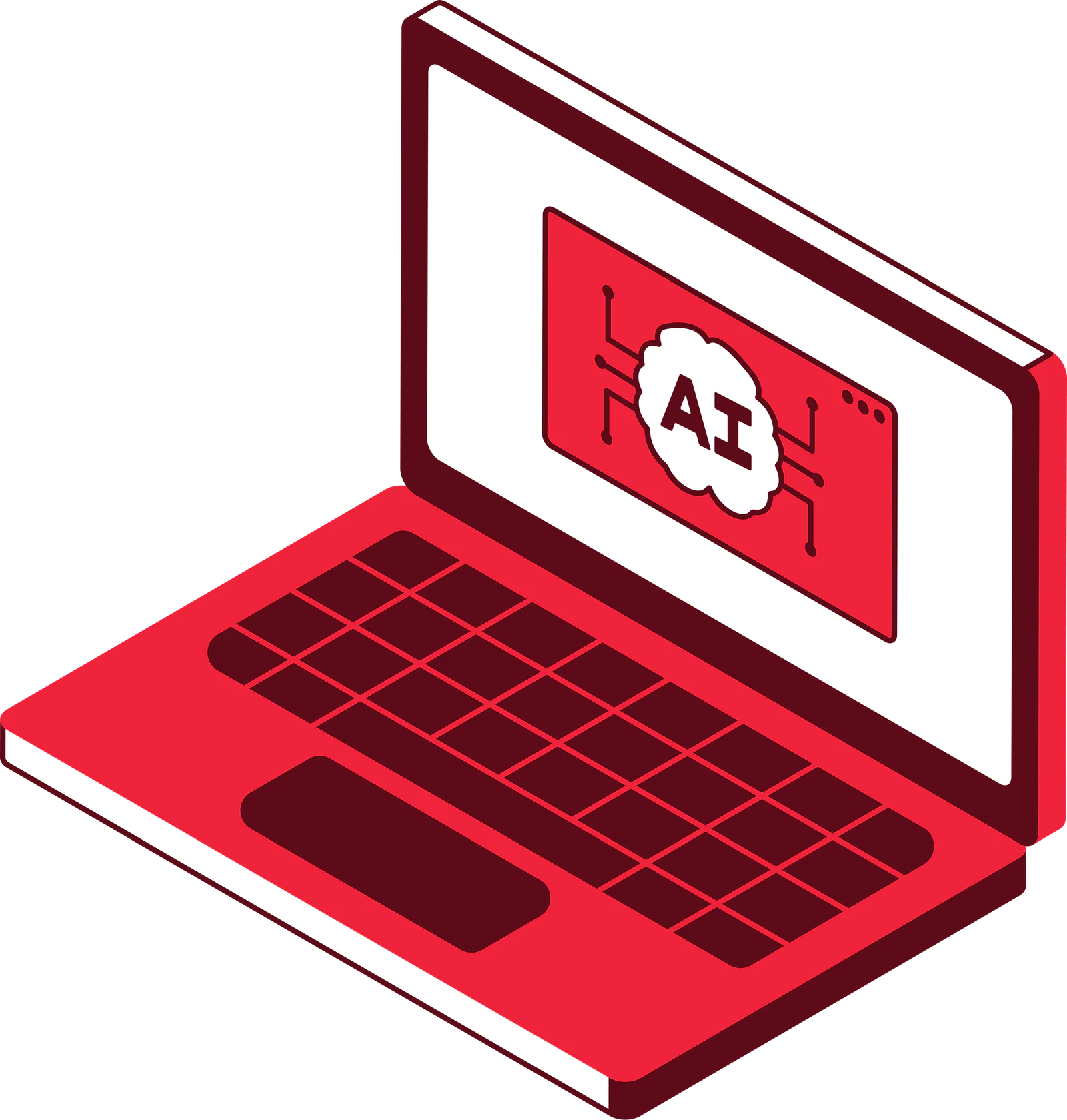 Isometric red laptop displaying AI-themed graphics on its screen, symbolizing artificial intelligence.
