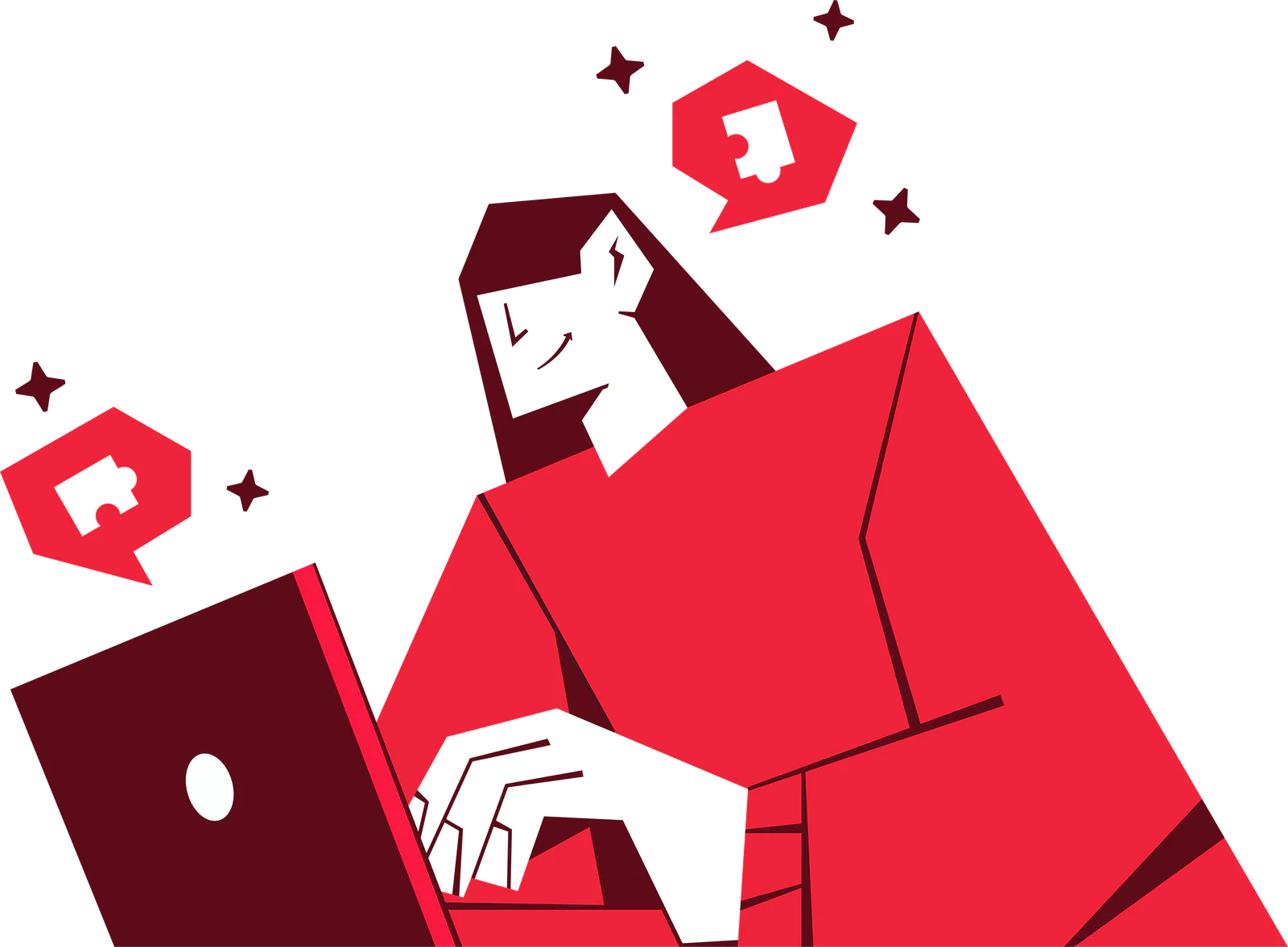 Illustration of a person using a laptop with puzzle piece thought bubbles around them.