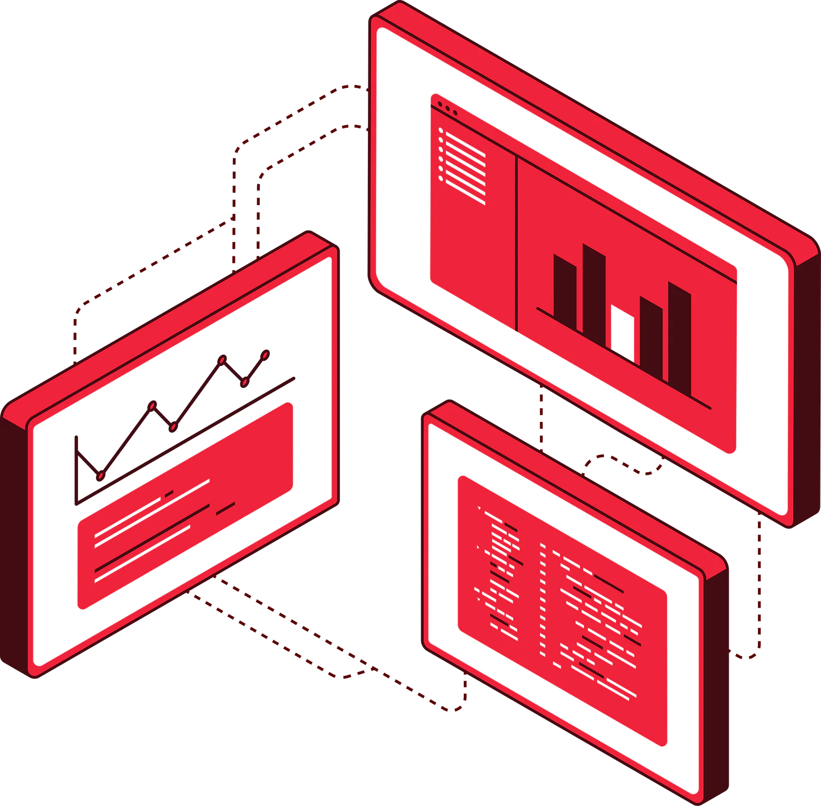 Three screens displaying graphs, charts, and code snippets in a red and white color scheme.