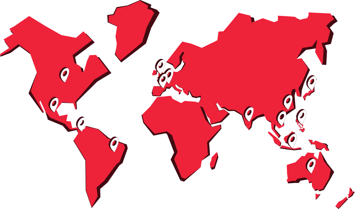 World map highlighting various regions with location markers.