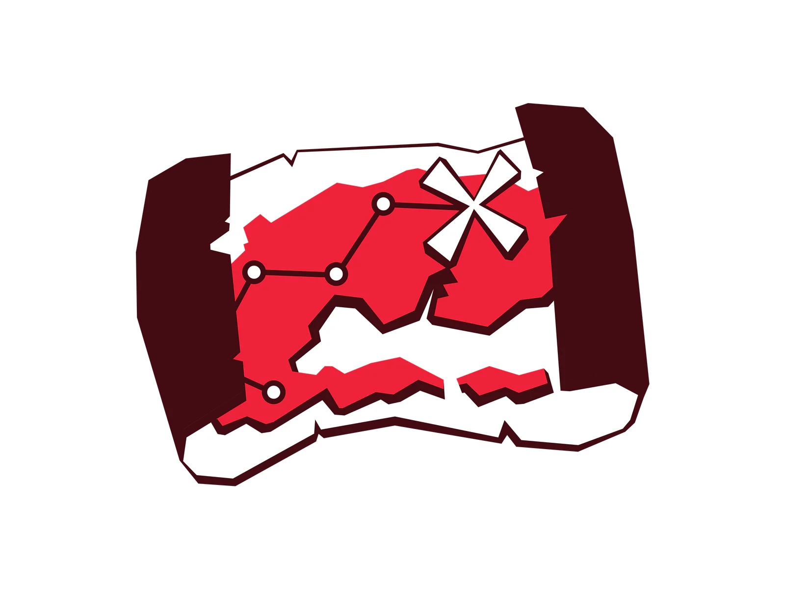 Stylized illustration of a pirate treasure map with a red and white color scheme, featuring an 'X' mark.