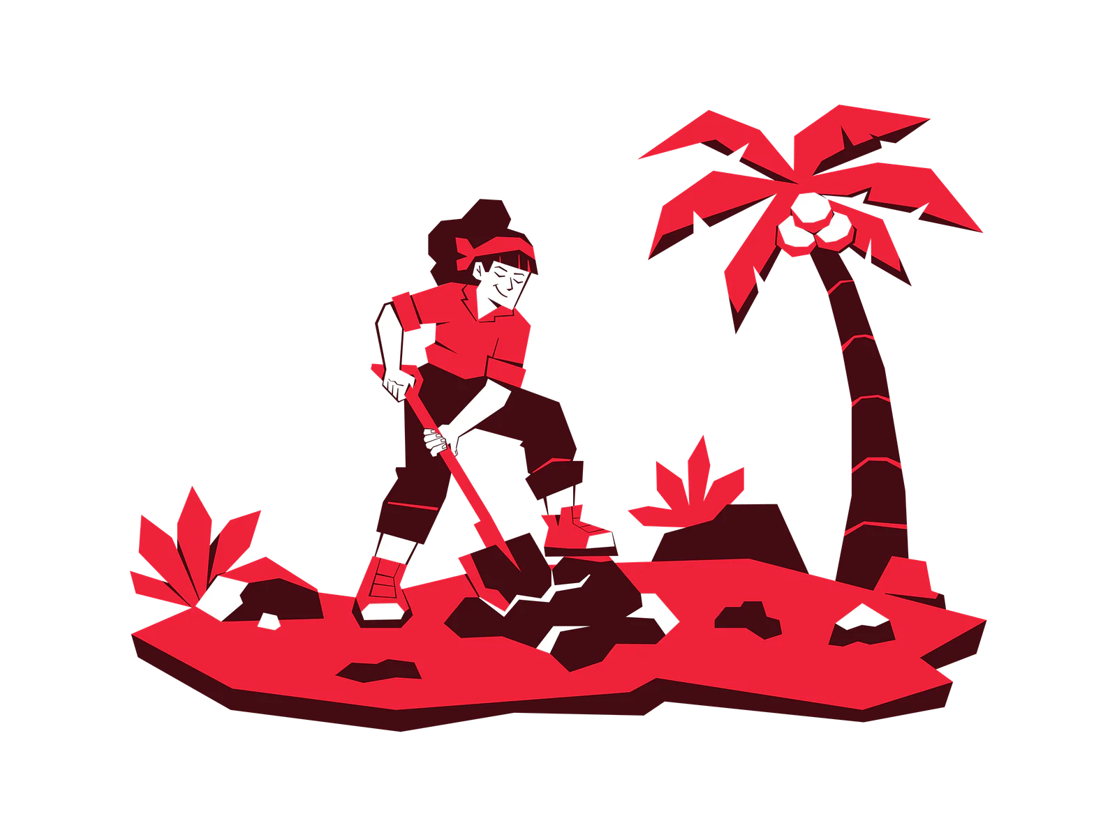 Cartoon person digging the ground on an island with a palm tree in the background.
