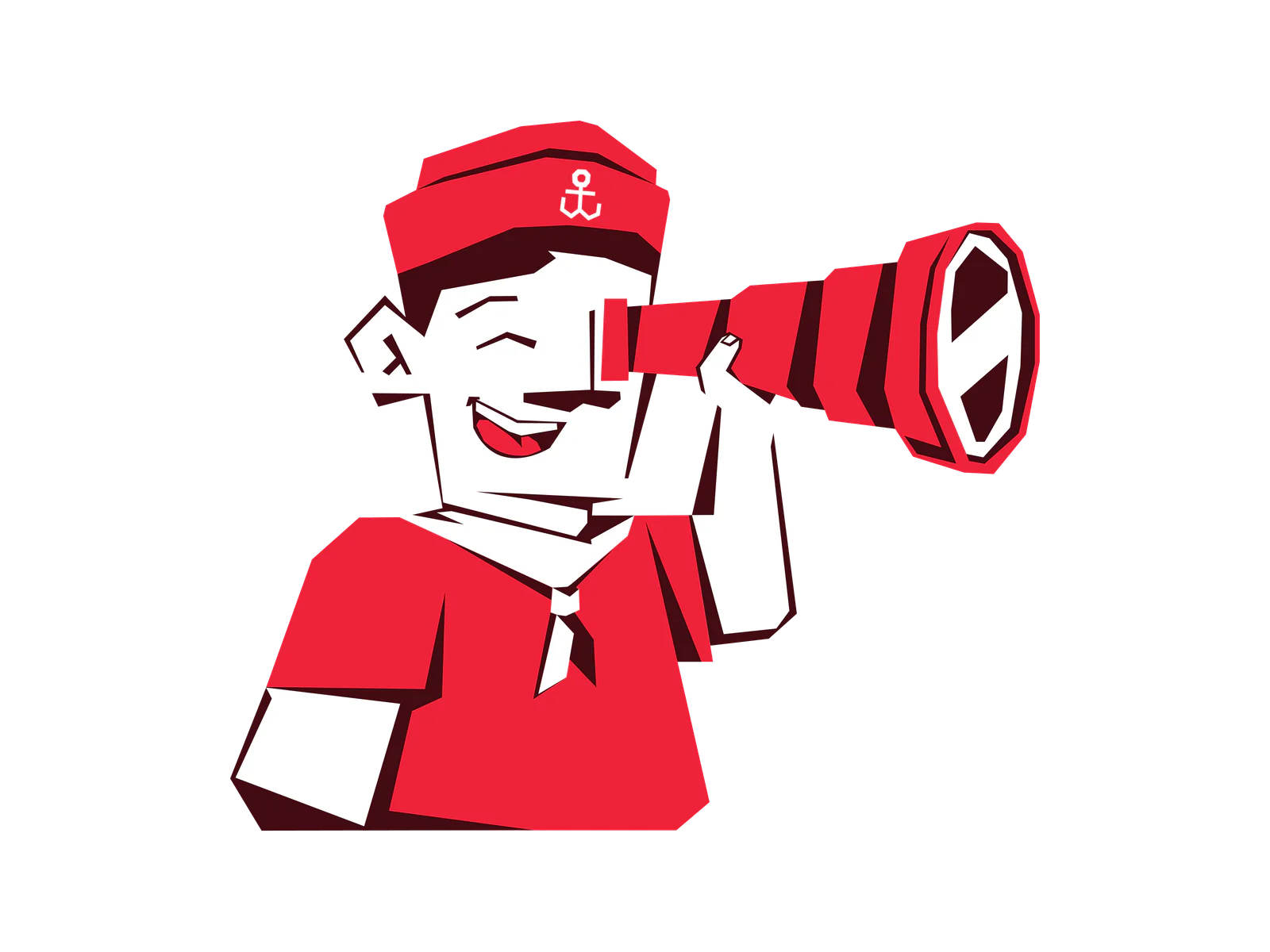 Cartoon sailor in red uniform looking through a telescope with an anchor symbol on his hat.
