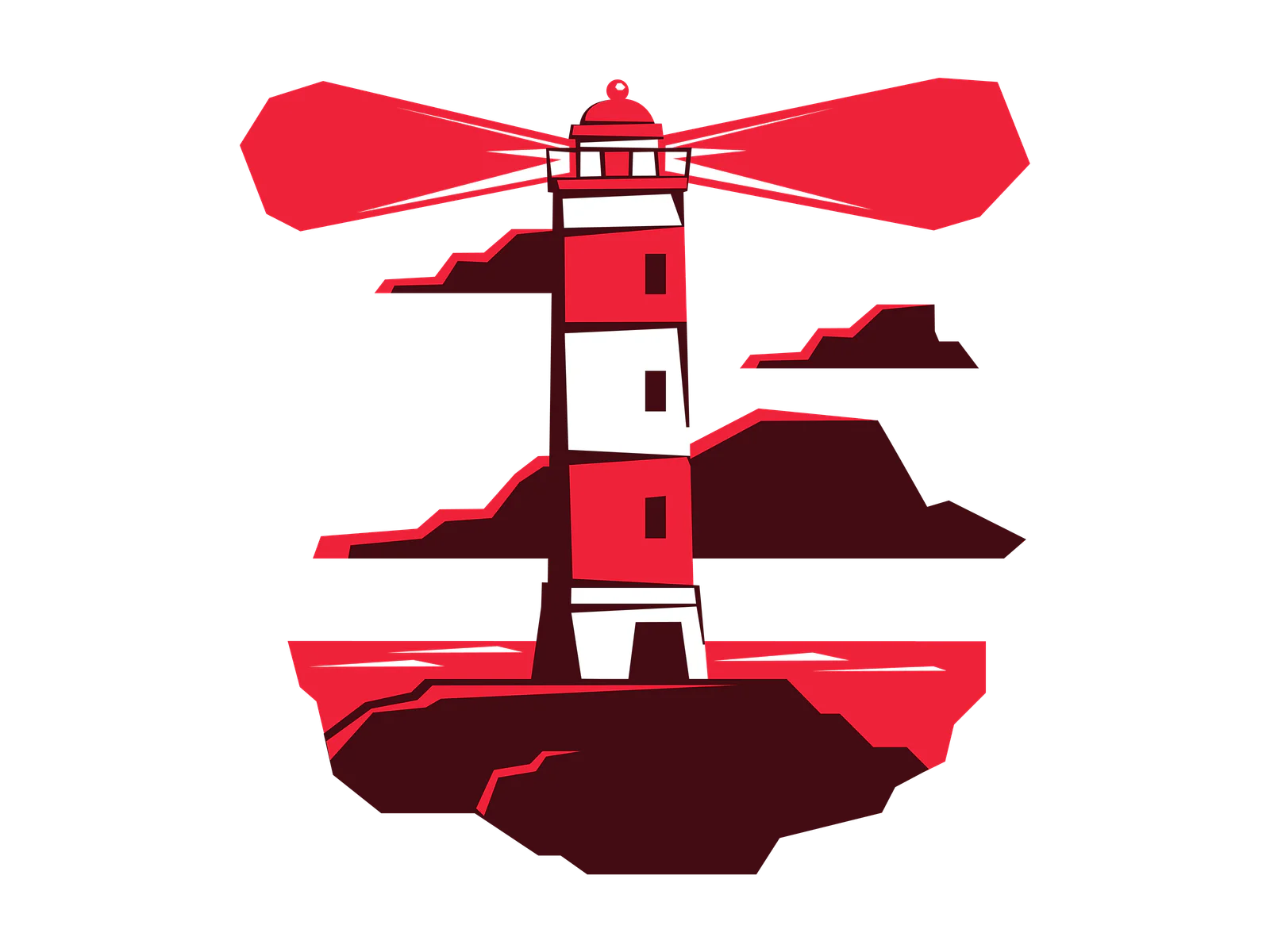 Illustration of a red and white lighthouse with a red sky and clouds