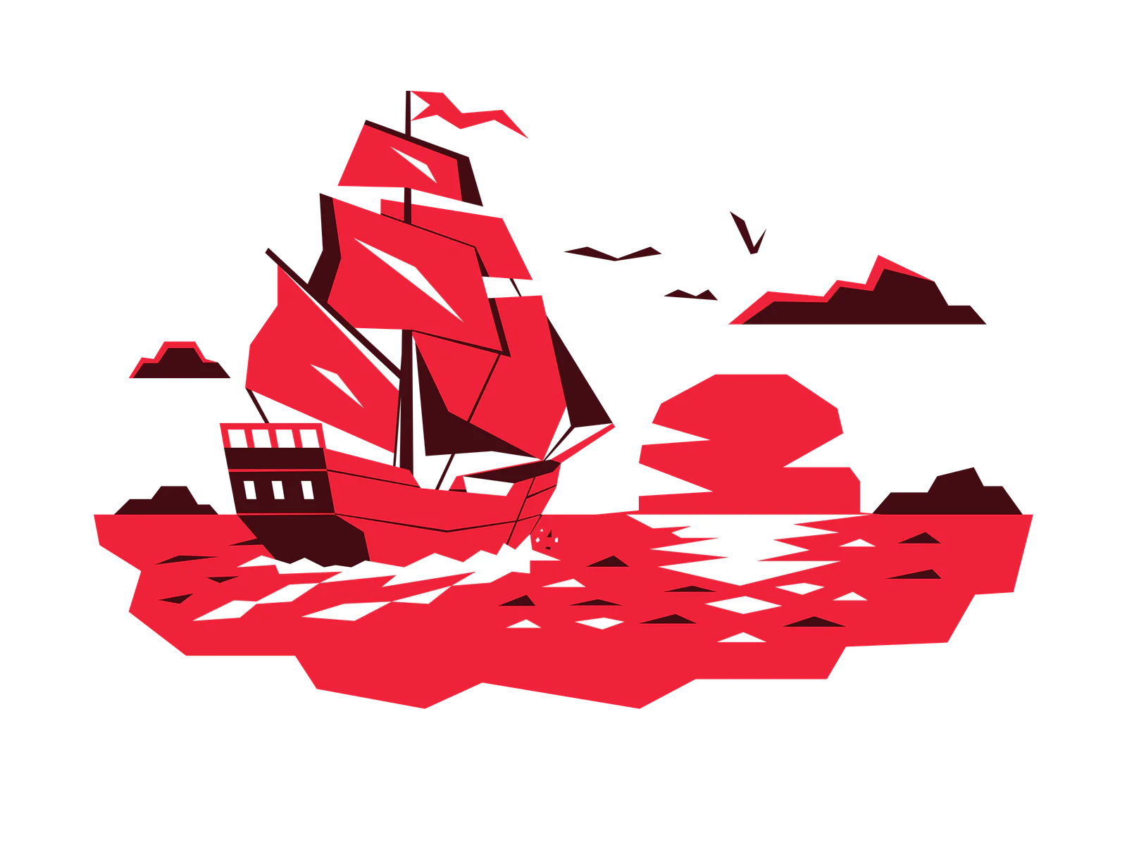 Red sailboat on the water at sunset with red clouds and seagulls in the background.