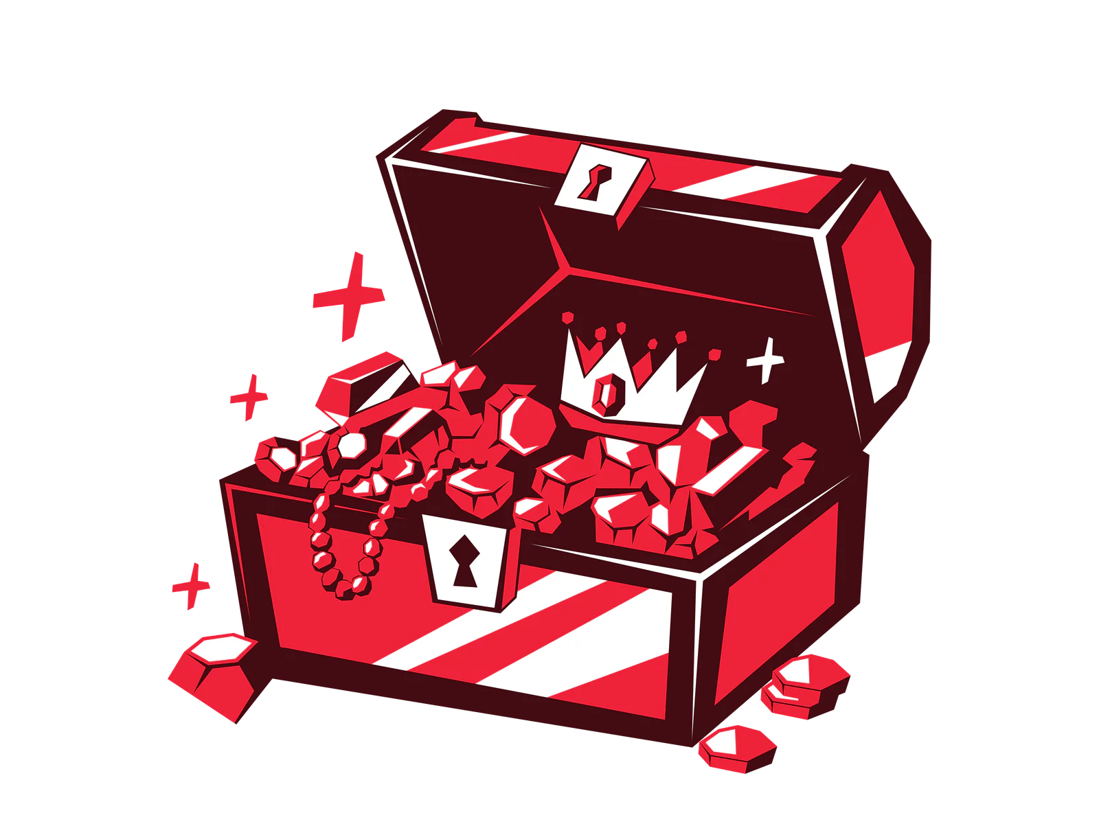 Red treasure chest with gems, a crown, and pearls spilling out.