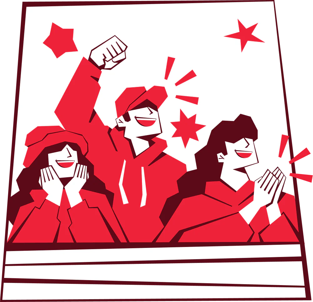 Cartoon of three people cheering with fists raised, dressed in red hoodies and hats, stars in the background.