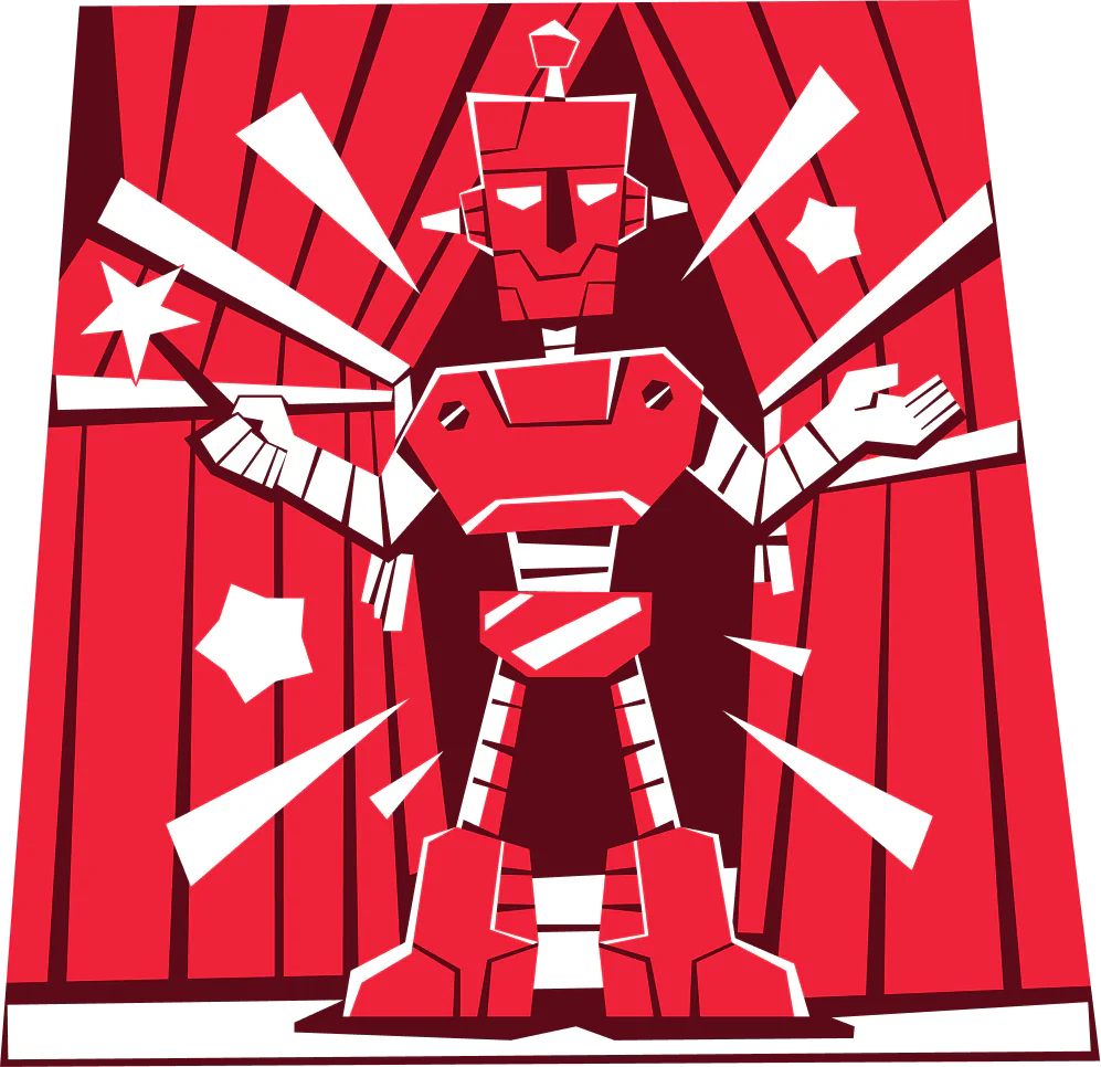 Red robot magician on stage with outstretched arms, wand, and magical effects.