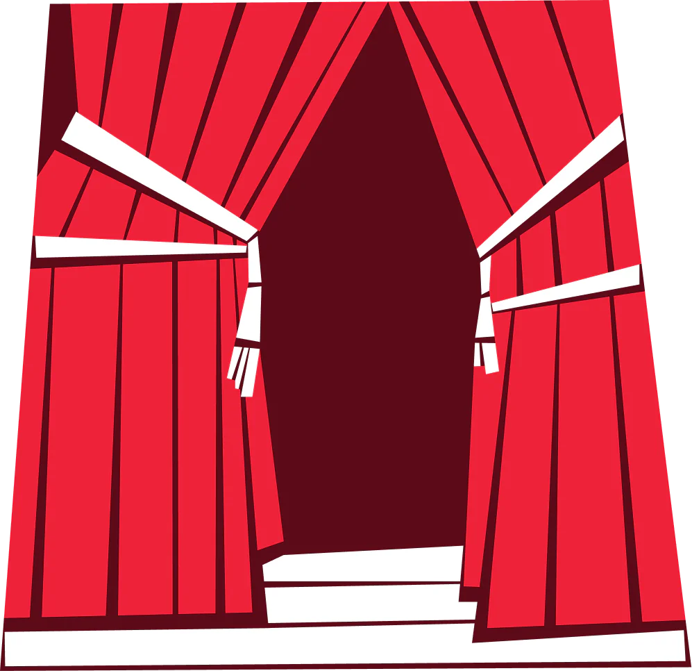 Red theater curtains pulled back, revealing an open stage.