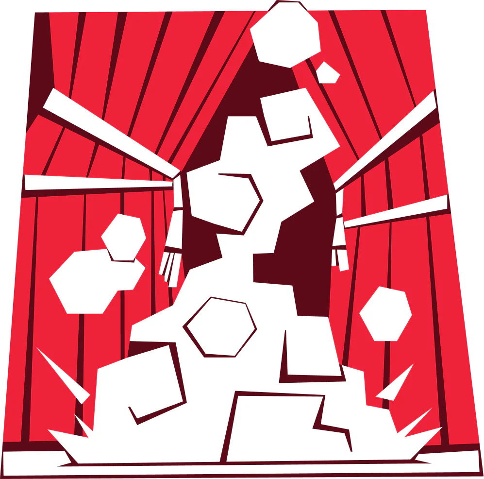 Abstract figure composed of polygons emerging from stage curtains in red, white, and black colors.