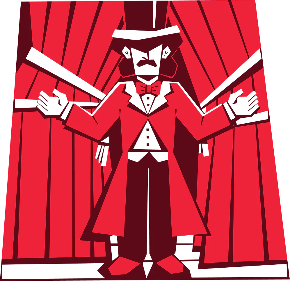 Illustration of a man in a red suit and hat standing between parted red curtains with arms outstretched.