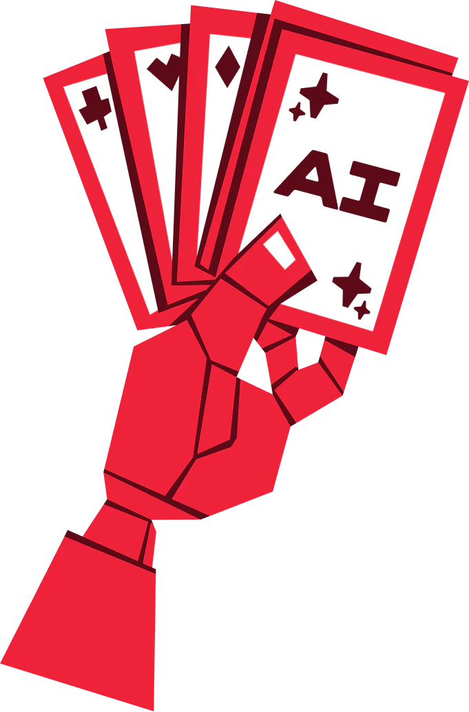 A red robotic hand holding four playing cards with symbols and the letters AI on the front card.