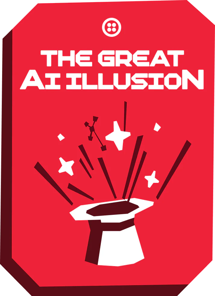 Red poster with text The Great AI Illusion and a magician's hat with stars and wands emerging.