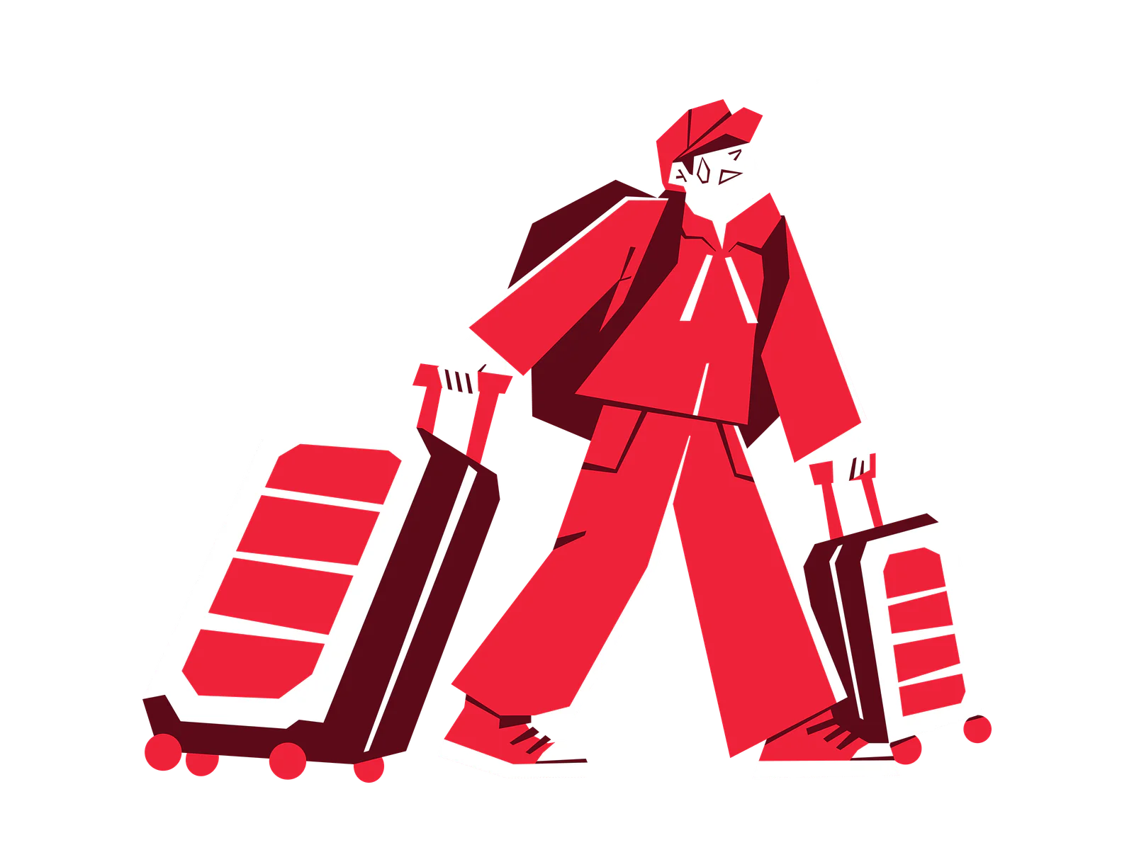 Cartoon person pulling two suitcases, wearing red clothes and a red hat.