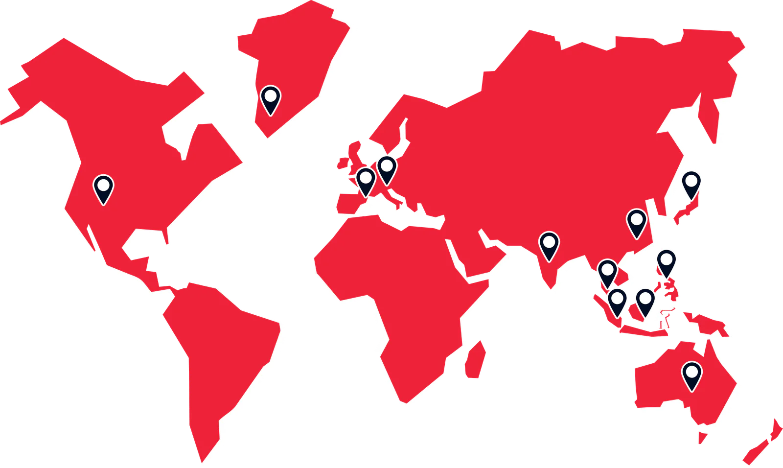 A red world map with nine locations marked by pins across various continents.