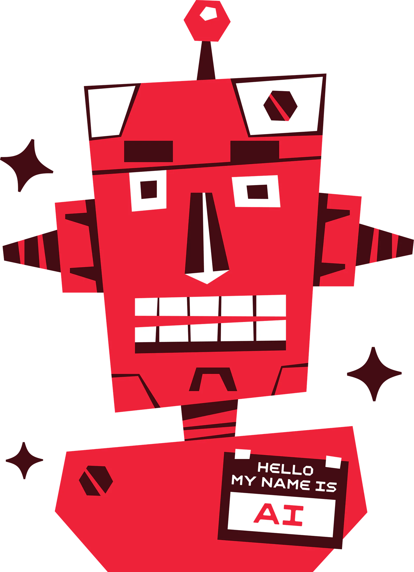 Red robot with geometric design, wearing a Hello My Name Is AI name tag.