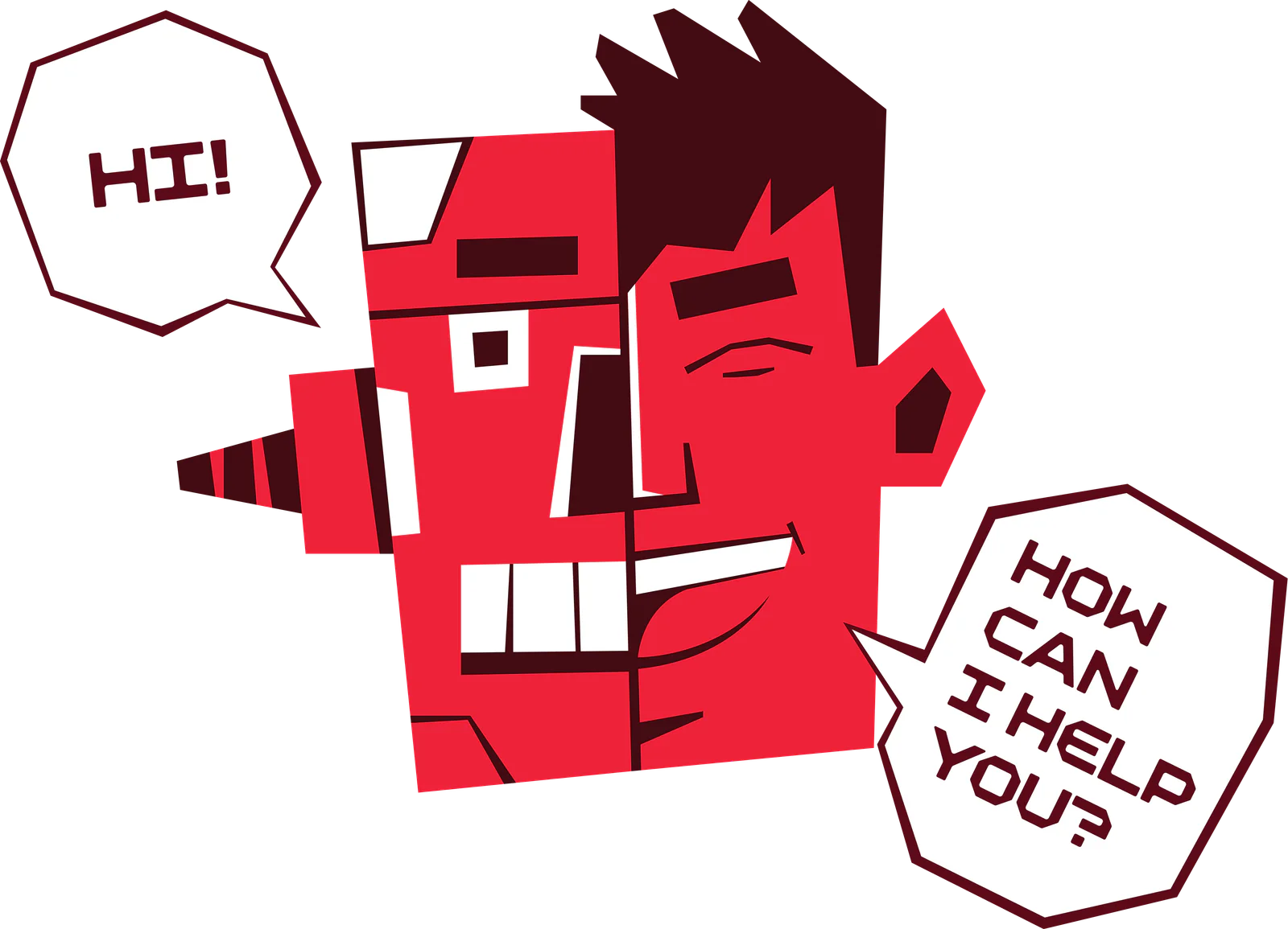 Half robot, half human face with speech bubbles saying HI! and HOW CAN I HELP YOU?
