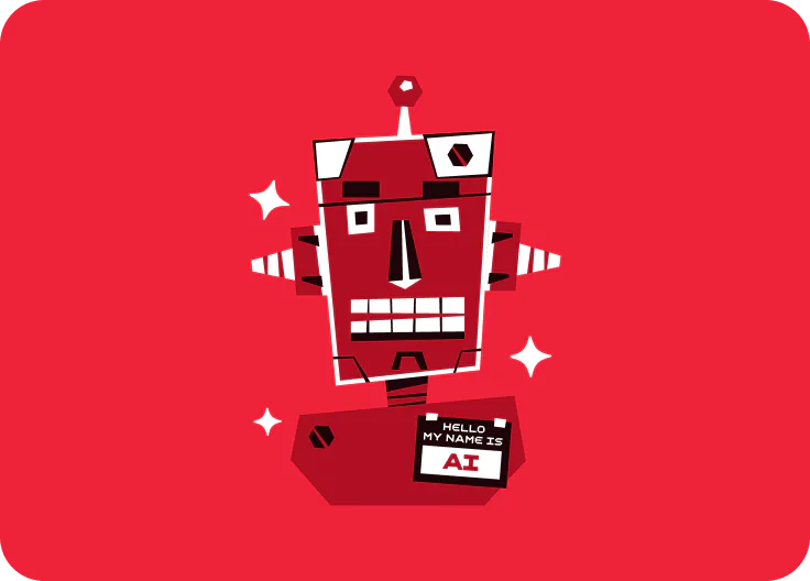 Red geometric robot with a name tag that says Hello My Name is AI on a bright red background.