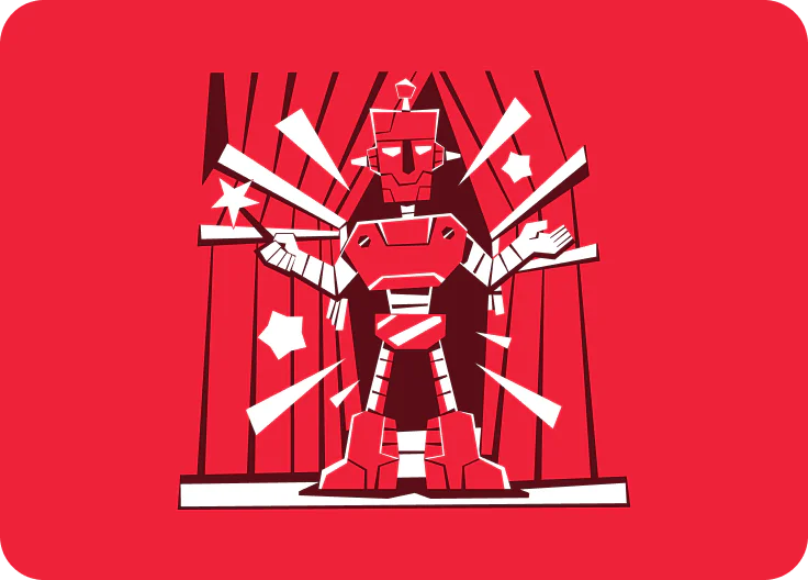 A red robot performing on stage with a dynamic background and spotlight effect.